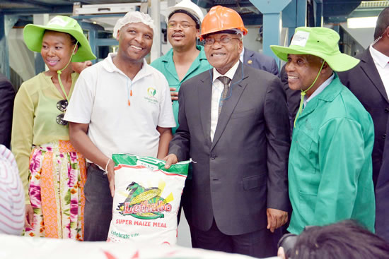 President Jacob Zuma with Lethabo Milling founder Xolani Ndzaba and EC Premier Phumulo Masualle at the unveiling of the Bizana RED hub milling plant.