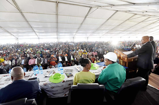 President Jacob Zuma addresses workers and community members at the launch of the new Rural Enterprises Development Hub near Mbizana in the Eastern Cape.