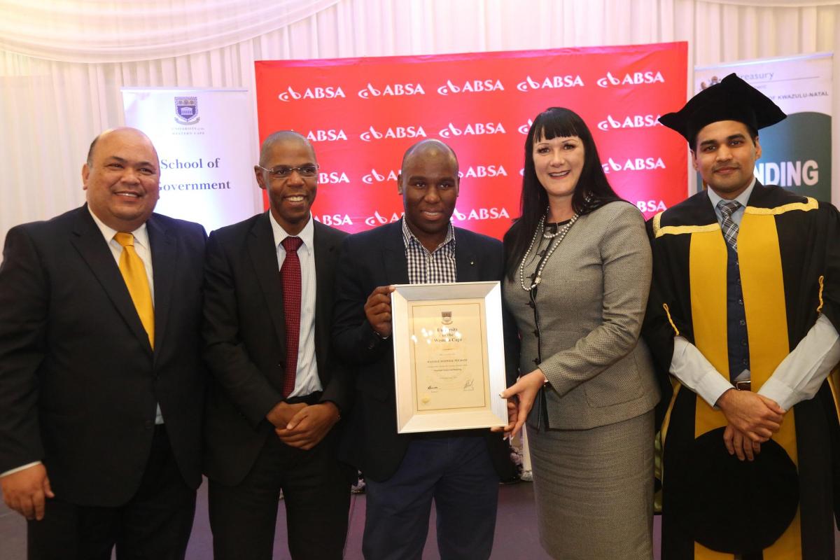 KwaZulu-Natal finance MEC Belinda Scott with the director of the University of the Western Cape’s School of Government, Professor Chris Tapscott, ABSA head of public sector banking, Fiks Dlamini, university deputy registrar, Dr Ahmed Shaikjee, and certificate recipient, Wandile Ngubane.