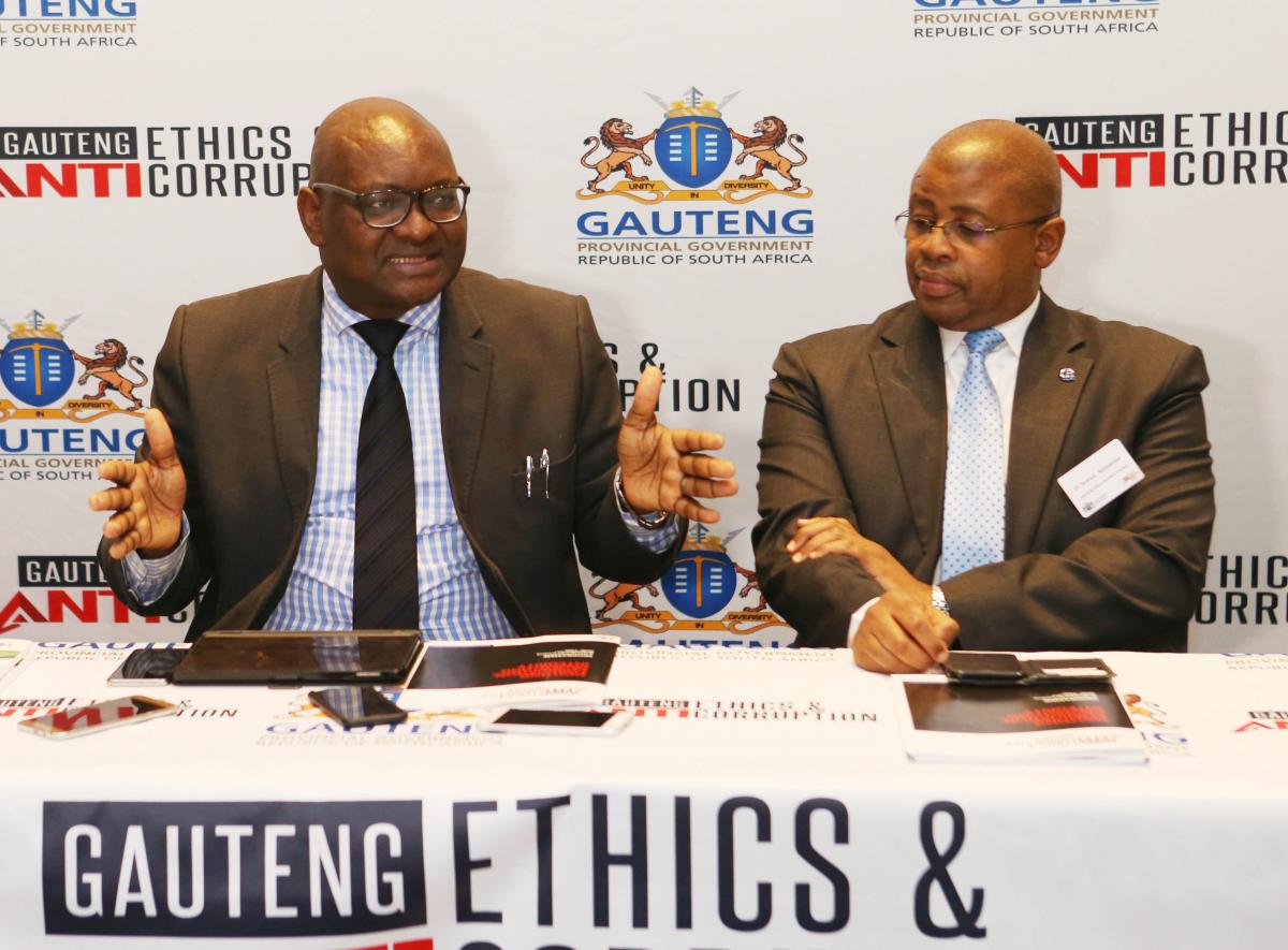 Gauteng Premier David Makhura (left) with the Ethics and Anti-Corruption Advisory Council chairperson Terence Nombembe address the media during the Gauteng Ethics and Anti-Corruption Indaba