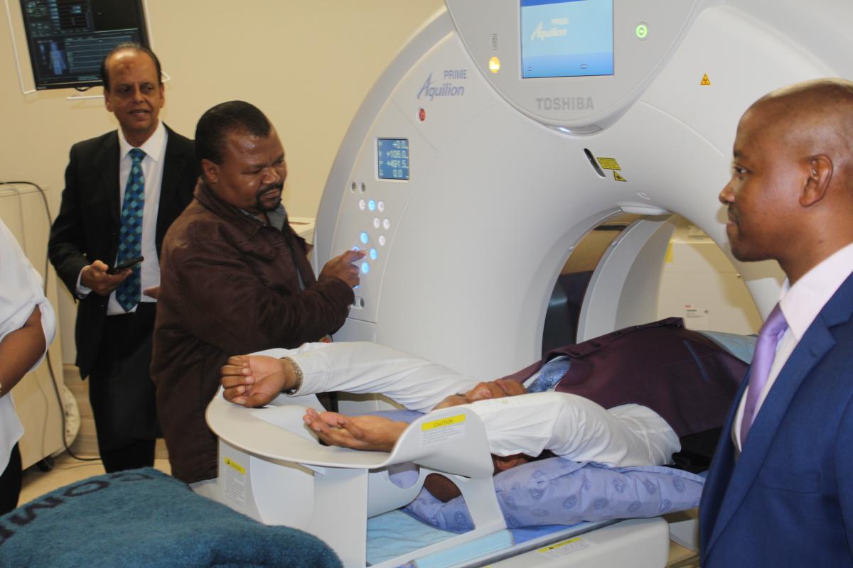 North West MEC Dr Magome Masike tests the new CT scanner at Tshepong Hospital.