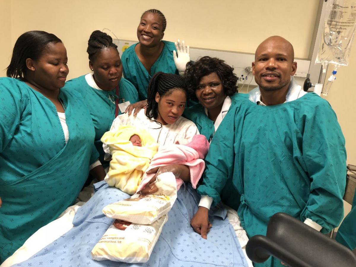 Mother of the twins Nonjabulo Buthelezi with Dr Sanele Madela, professional nurse Nozipho Sangweni, advanced midwife Lindiwe Ndawonde, night supervisor Dorcas Ngcobo and assistant nurse Thobeka Sithole.