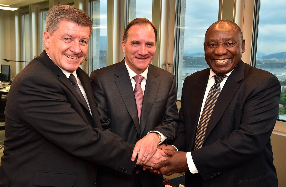 President Cyril Ramaphosa meeting with the Director-General of the International Labour Organisation (ILO) Guy Ryder (left) and Swedish Prime Minister Stefan Löfven (centre) at the ILO’s Global Commission on the Future of Work in Geneva, Switzerland.