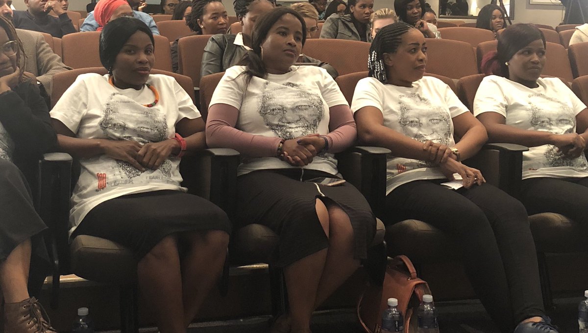 Some of the ladies who are employed with Trade Call Investments (TCI) Apparel (PTY) Ltd who wrote their stories on the t-shirts that will be sold locally and globally in line with the Nelson Mandela Centenary Celebration. [Credits:] Nelson Mandela Foundation Twitter page  