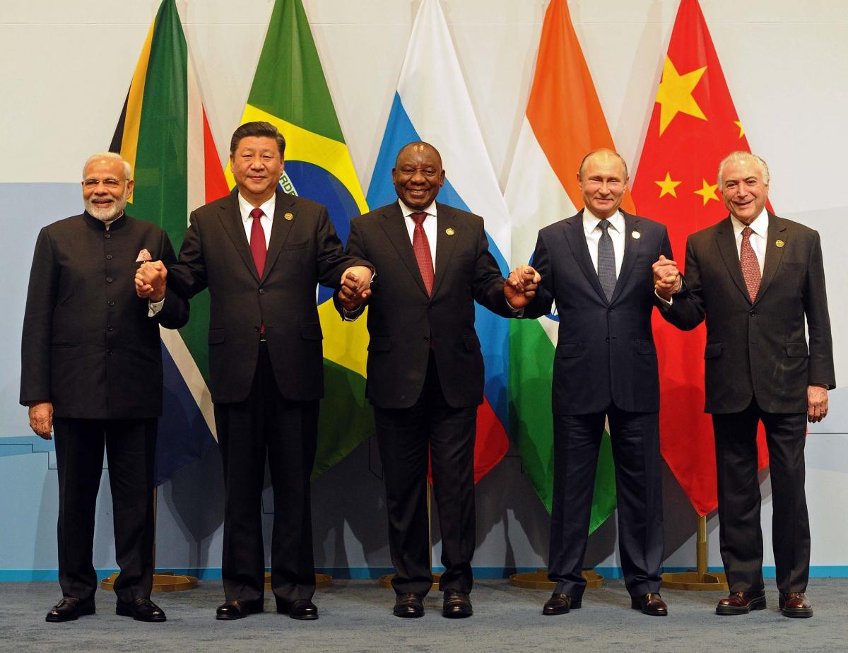 From left to right: Indian Prime Minister Narendra Modi, Chinese President Xi Jinping followed by President Cyril Ramaphosa, Russian President Vladimir Putin and Michel Temer during the 10th BRICS Summit held in Sandton.