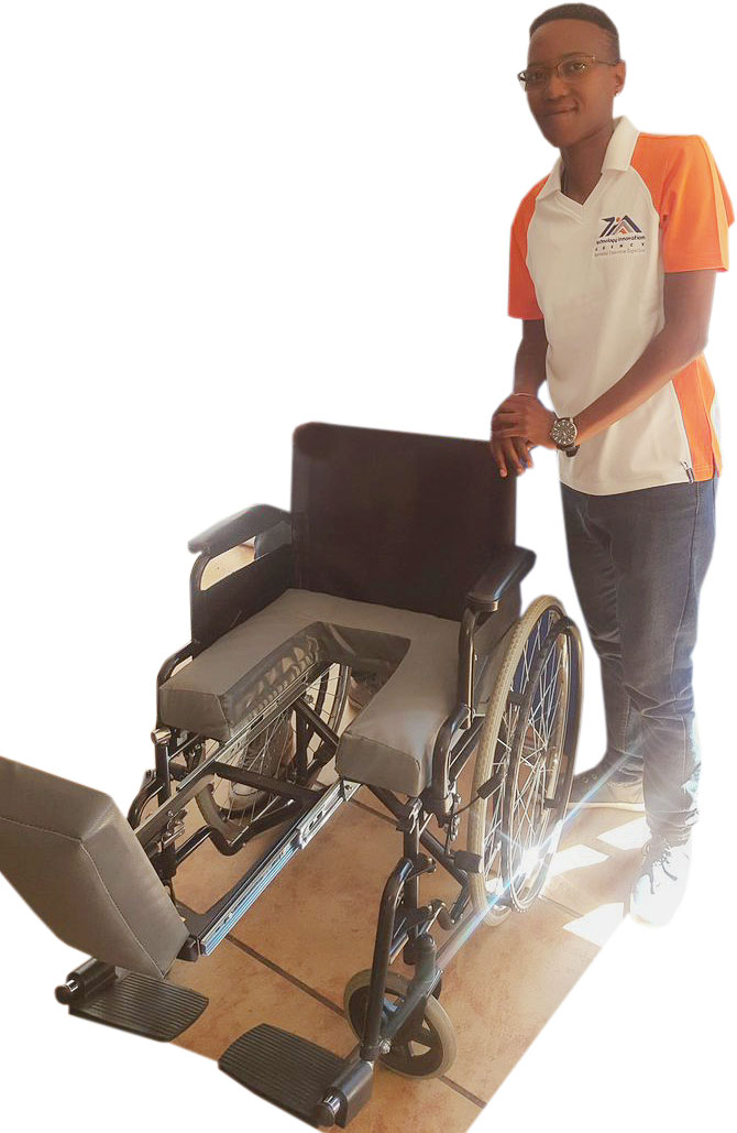 Portia Mavhungu with a wheelchair fitted with a Para Tube.