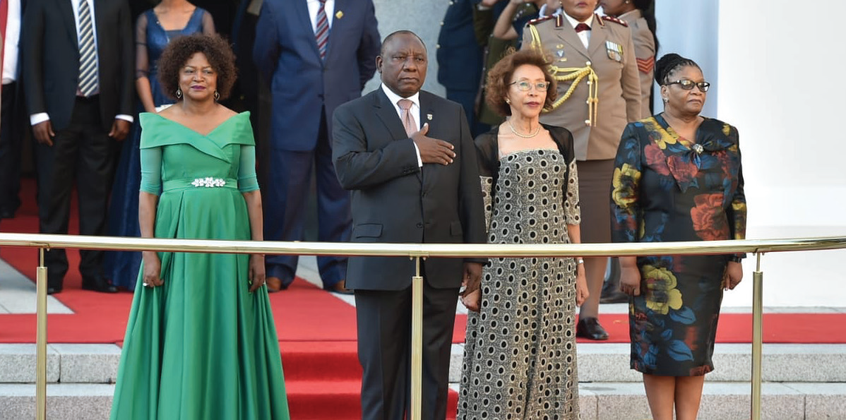 President Cyril Ramaphosa with First Lady, Dr Tshepo Motsepe, Speaker of the National Assembly Baleka Mbete (on the left) and the Chairperson of the National Council of Provinces Thandi Modise (on the right).
