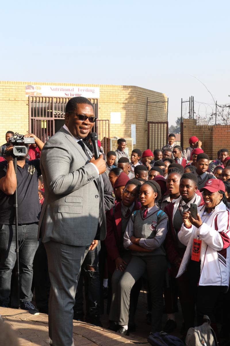 Gauteng Education MEC Panyaza Lesufi addresses pupils at the newly-opened Pace Commerce and Entrepreneurship School of Specialisation in Jabulani, Soweto.  