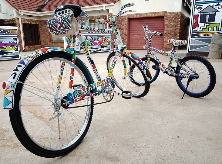 The intricately beaded bicycles that won the Beading Category of the Innibos National Craft Awards in 2020. Photo: Helene Smuts, Africa meets Africa NPC, (www.africameetsafrica.co.za)