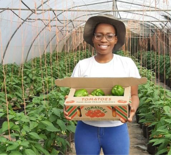 Welile Gumede in one of her tunnels, after harvesting fresh produce.