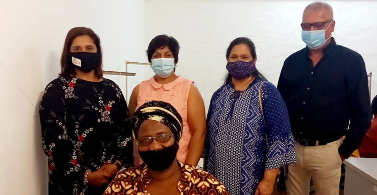 KZNBDS President Veetha Sewkuran with associate members Salo Mudaly, Anoosha Hanuman and Ajit Valjee; and sewing room beneficiary Bongiwe Coka.