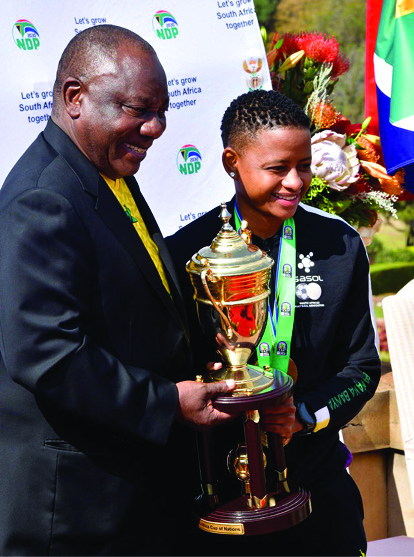 President Cyril Ramaphosa with the Banyana Banyana team Captain Refiloe Jane who lead the team to victory in Morocco.