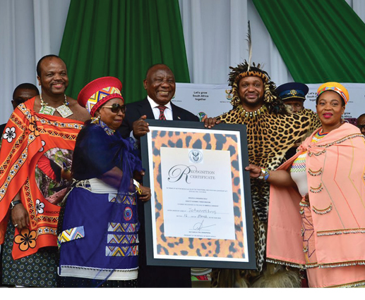 King Mswati III, Cooperative Governance and Traditional Affairs Minister Dr Nkosazane Dlamini-Zuma, President Cyril Ramaphosa, King Misuzulu KaZwelithini and KwaZulu-Natal Premier Nomusa Dube-Ncube during the coronation.