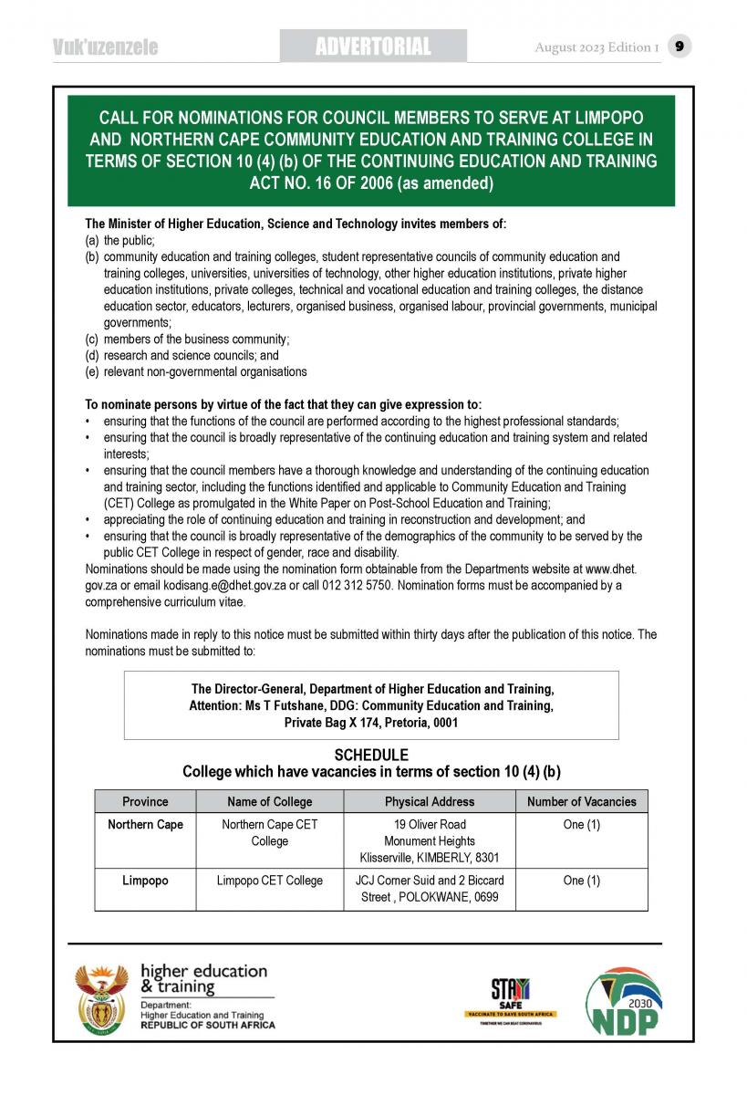 CALL FOR NOMINATIONS FOR COUNCIL MEMBERS TO SERVE AT LIMPOPO AND NORTHERN CAPE COMMUNITY EDUCATION AND TRAINING COLLEGE IN TERMS OF SECTION 10 (4) (b) OF THE CONTINUING EDUCATION AND TRAINING ACT NO. 16 OF 2006 (as amended)