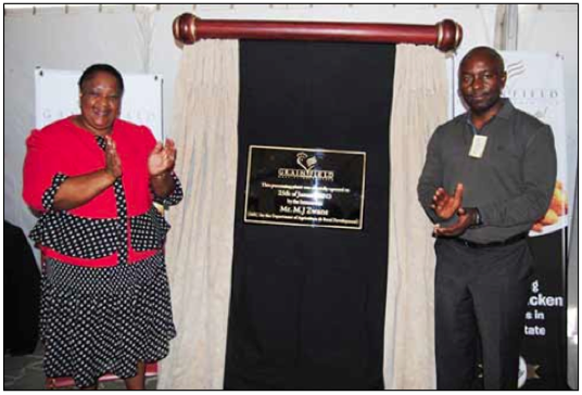 Free State MEC for Social Development Sisi Ntombela and Agriculture and Rural Development MEC Mosebenzi Zwane are all smiles at the opening of the Grain Fields Chickens Abattoir.