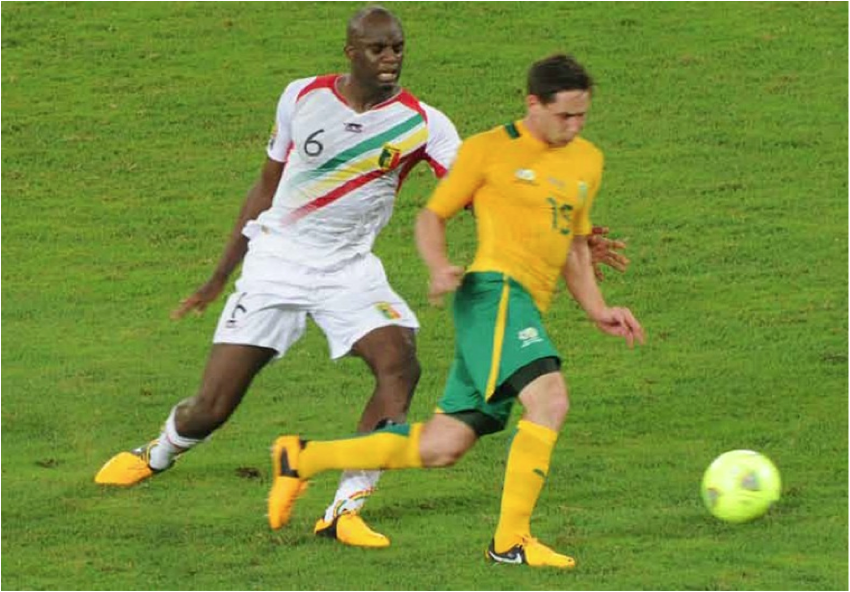 Bafana Bafana players Reneilwe Letsholonyane and Dean Furman in action during the Afcon quarterfinal against Mali. Bafana Bafana lost the match on penalties.