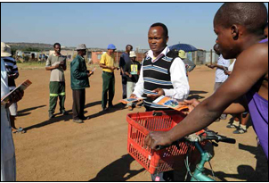 Biggie Nketle, a member of the Sebokeng CPF, rallies the troops together.