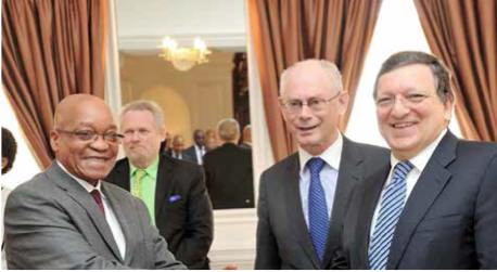 President Jacob Zuma welcomes EU President Herman Van Rompuy and European Commission President José Barroso with the Minister of Trade and Industry Rob Davies in the background.