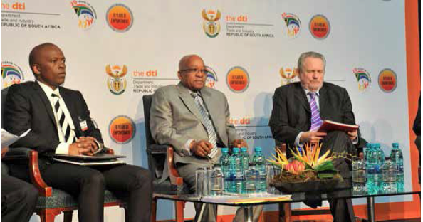 President Jacob Zuma with the Executive Chairman of Zungu Investments Company Limited Sandile Zungu (left) and Trade and Industry Minister Rob Davies at the Broad-Based Black Economic Empowerment (BBBEE) Summit in Midrand.