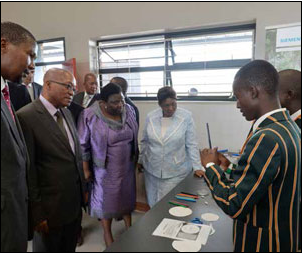 Learners at the newly opened Mandela School of Science and Technology capture the attention of Nkosi Zwelivelile Mandla Mandela (left), President Jacob Zuma, Eastern Cape Premier Noxolo Kiviet and Education Minister Angie Motshekga.