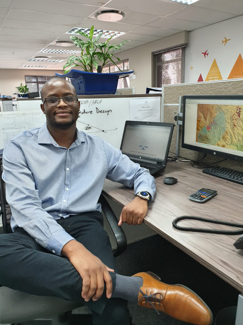 Mpho Chepape is a Flight Procedure Design Specialist. He designs routes procedures in the sky to protect flights from crashing into obstacles such as buildings and other structures.