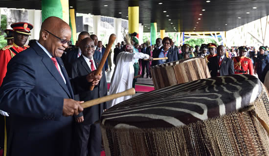 President Jacob Zuma beats traditional drums as Tanzanian President John Magufuli looks on during the President’s recent visit to the East African country.