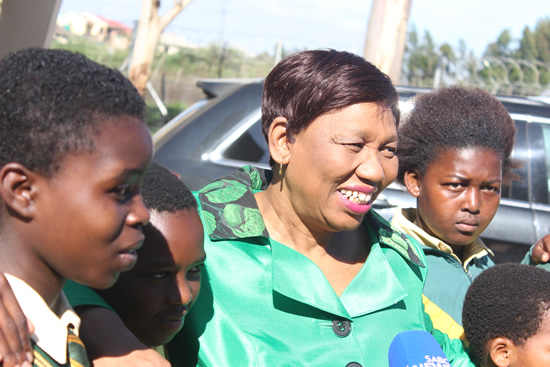 Minister of Basic Education Angie Motshekga interacts with learners at the launch of Bhungu Junior Primary school in Libode.