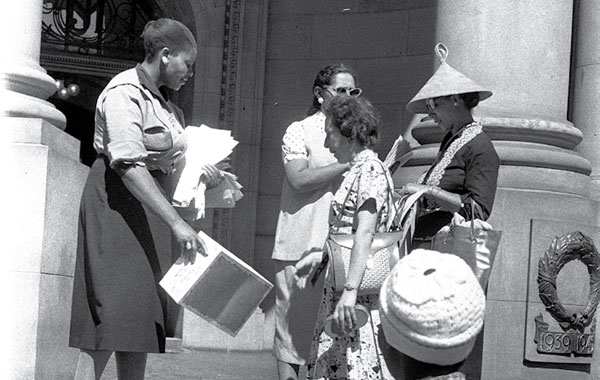 Some 20 000 women of all races and from all walks of life, some with the babies on their backs, took a petition addressed to the Prime Minister to the Union Buildings in Pretoria. He was not in. The petition demanded that the pass laws be abolished. Seen here are Lillian Ngoyi, Helen Joseph, Sophie Williams and Radima Moosa who were tasked by the women to deliver the petition.