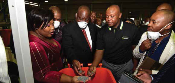 President Cyril Ramaphosa with Phumeza Ceshemba who created 17 jobs through her waste-recycling business in the Eastern Cape.
